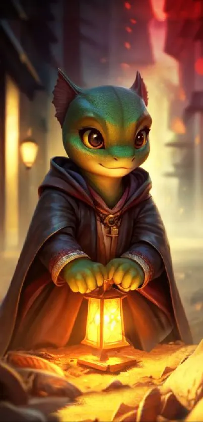 A mystical creature holding a glowing lantern in a fantasy setting.