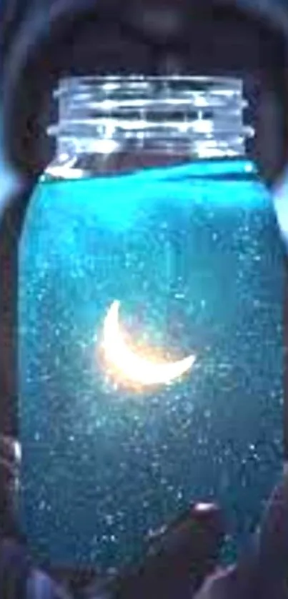 Jar with glowing crescent moon and blue sparkling liquid inside.