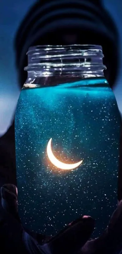 Crescent moon glowing inside a starry jar against a dark background.