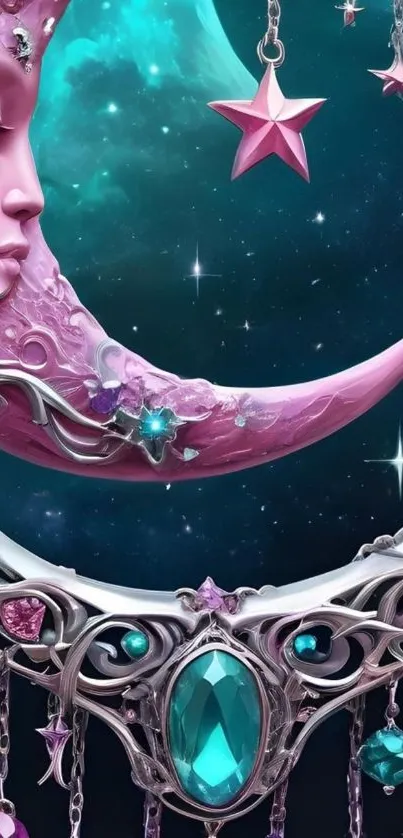 Mystical crescent moon art with stars and gemstones in vibrant colors.