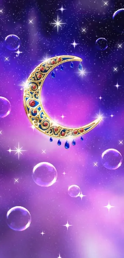 Mystical crescent moon with stars on a purple cosmic background.