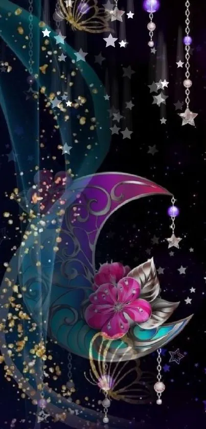 Mystical crescent moon with floral accents on a starry background.