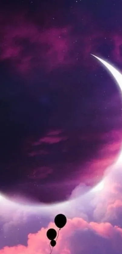Crescent moon in a purple sky with balloons floating below.