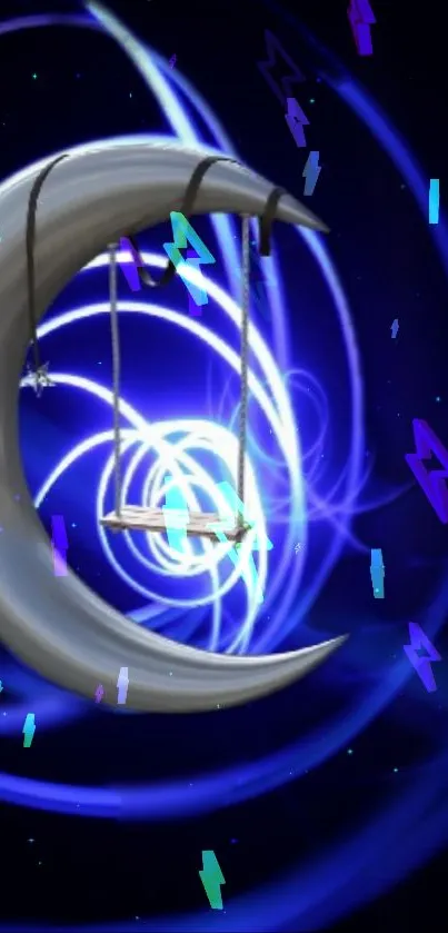 Mystical crescent moon with glowing blue swirls in abstract night sky.