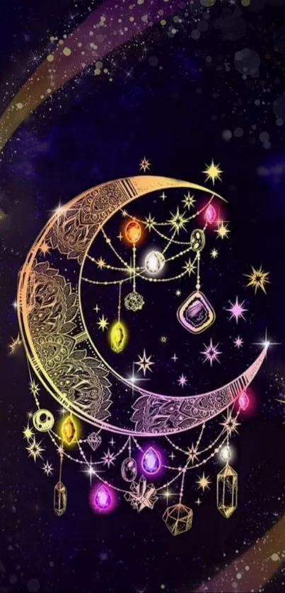 Mystical crescent moon with stars and jewels on a dark purple background.