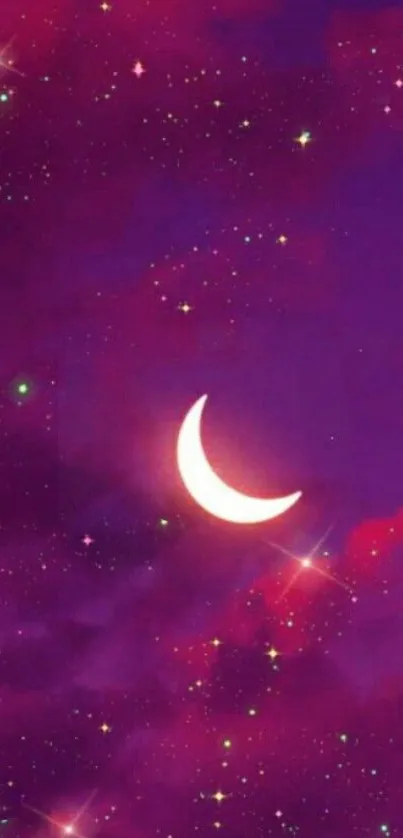 Crescent moon and stars in a purple night sky wallpaper.