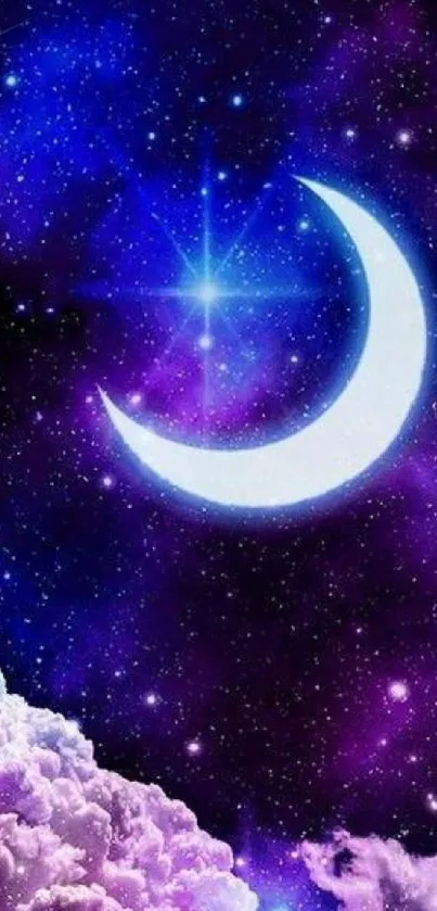 Crescent moon in a vibrant night sky with stars and purple clouds.