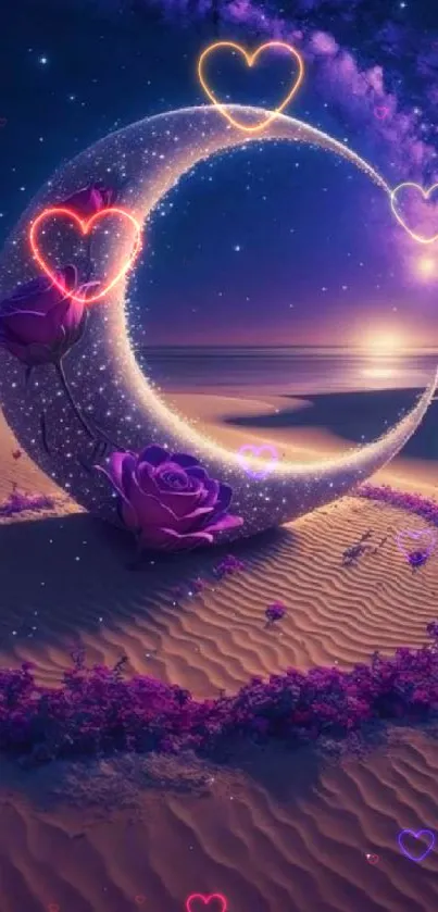 Crescent moon with roses under a starry night sky in the desert.