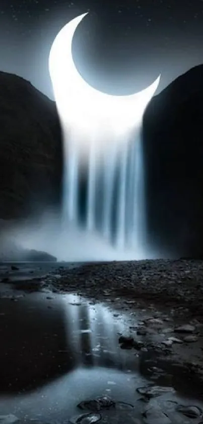 Mystical crescent moon waterfall against a dark landscape.