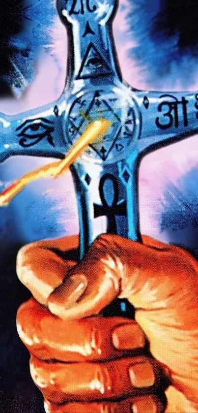 Hand holding a mystical, symbol-laden blue cross in vibrant artwork.