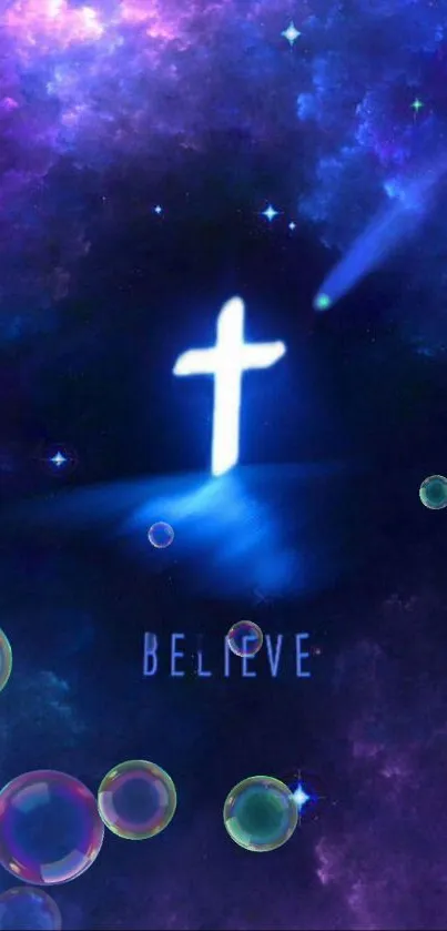 Luminous cross in a galaxy wallpaper with bubbles and 'Believe' text.