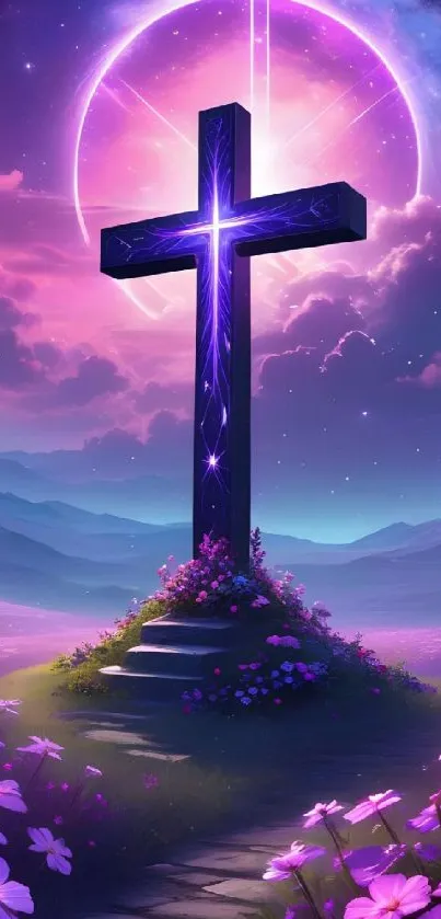 Mystical cross under a starry purple sky.