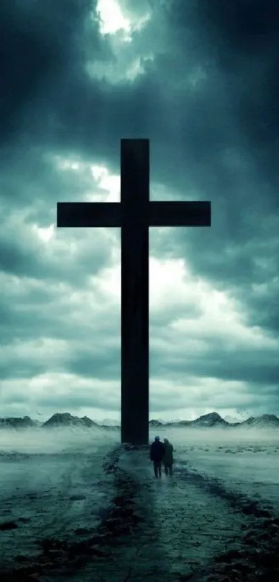 Dark and mystical cross under cloudy sky with foggy landscape.