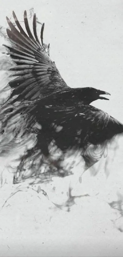 Mystical crow flying in abstract ink design.