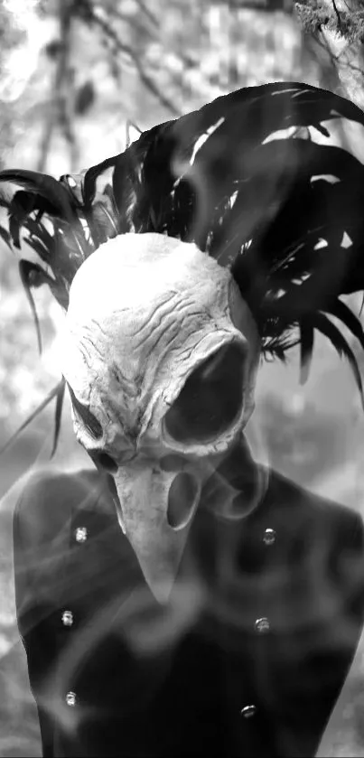 Mysterious black and white crow mask artwork.