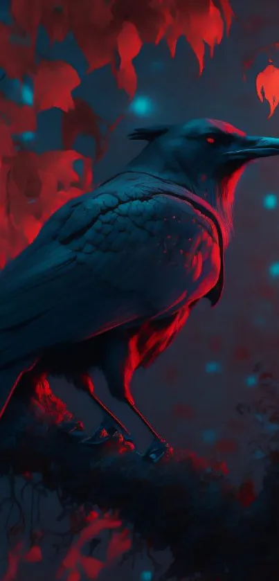 Mystical crow with glowing eyes perched on a branch amidst vibrant red hues.
