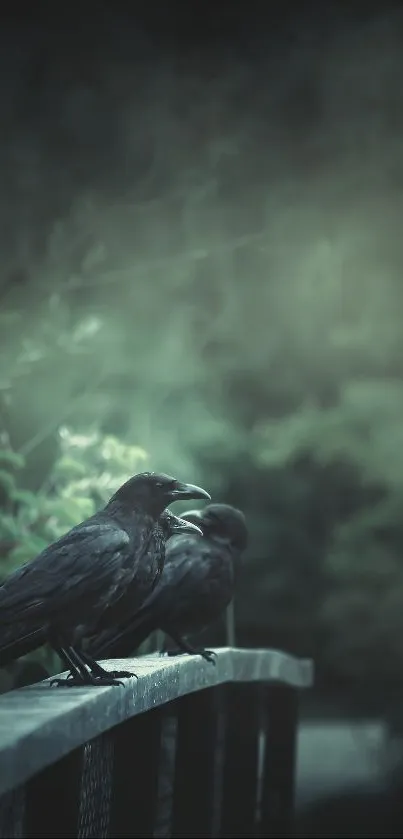 Two crows sit on a foggy wooden bridge in a dark, mysterious forest.