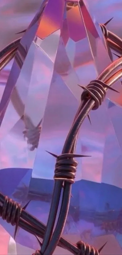 Mystical crystal with barbed wire in purple hues.
