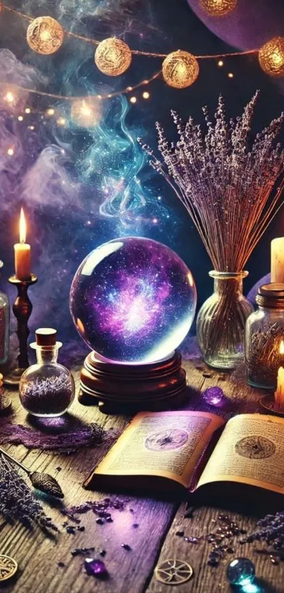 Enchanting mystical scene with crystal ball and candles.