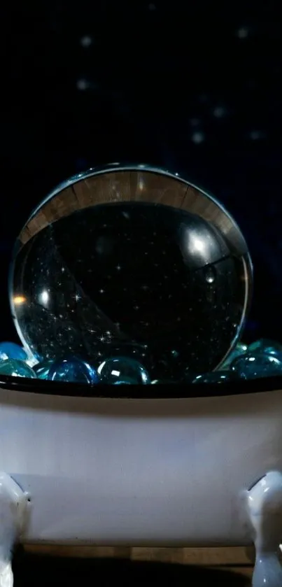 Mystical crystal ball in a bathtub with starry night background.