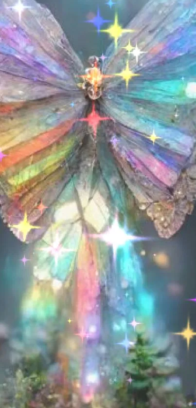 Crystal butterfly with colorful wings and mystical aura.