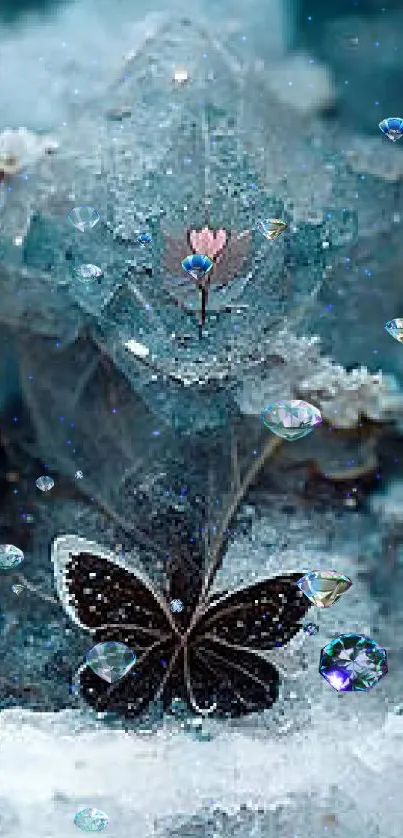 Mystical wallpaper featuring a butterfly on icy crystals.