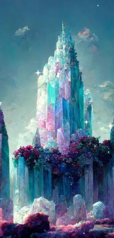 Mystical crystal castle with pastel hues in a fantasy setting.