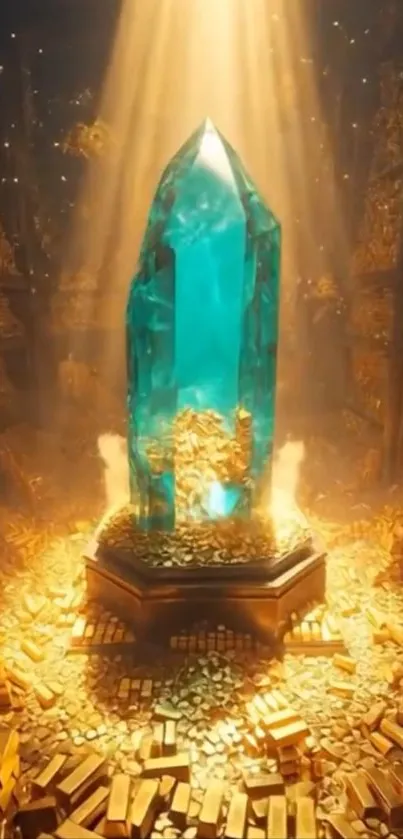 Magical blue crystal in a golden-lit cave filled with treasures.