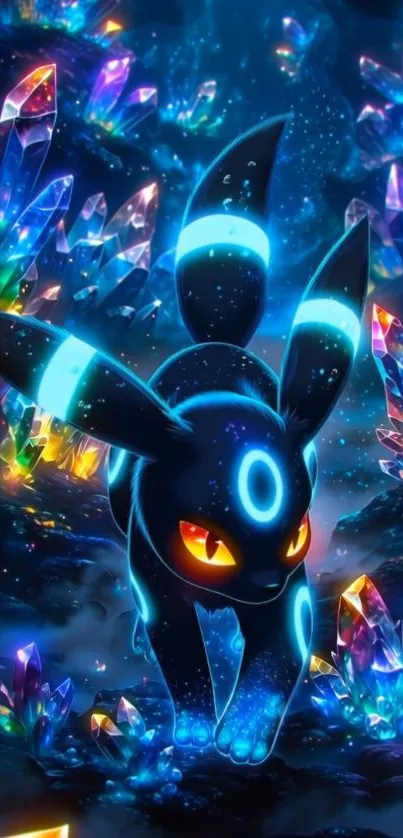 A mystical creature among colorful crystals with neon accents.