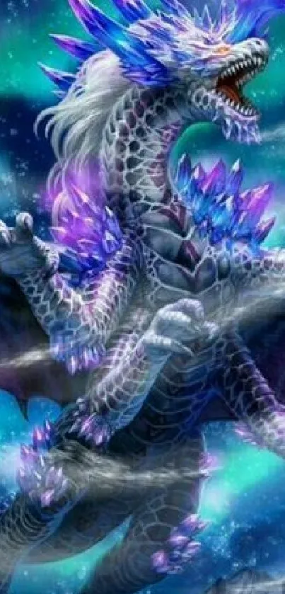 Mystical dragon with crystals on cosmic backdrop.