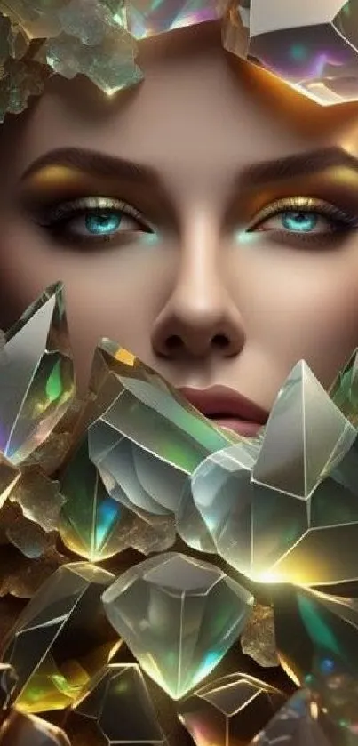 Mystical woman's face surrounded by vibrant crystals with stunning blue eyes.