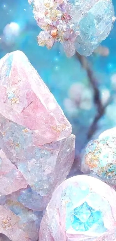 Ethereal crystal fantasy mobile wallpaper with soft pinks and blues.