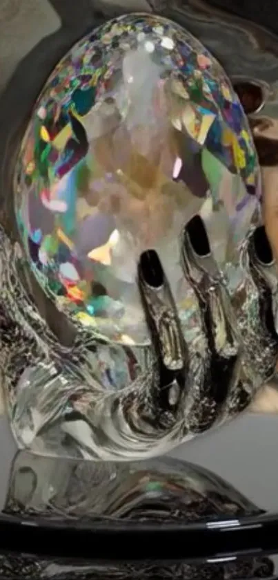 Mystical hand holds a vibrant crystal orb on a reflective surface.