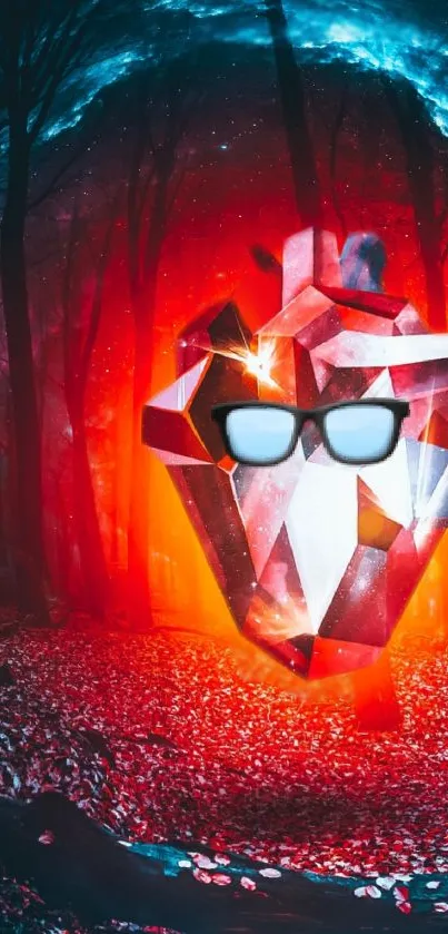 Mystical forest with glowing crystal heart wearing sunglasses.