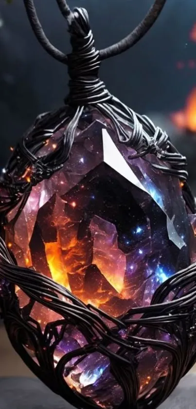 A mystical crystal pendant glows with galaxy colors.