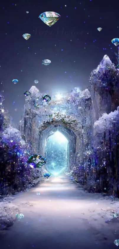 Mystical ice pathway with sparkling crystals and blue violet hues.