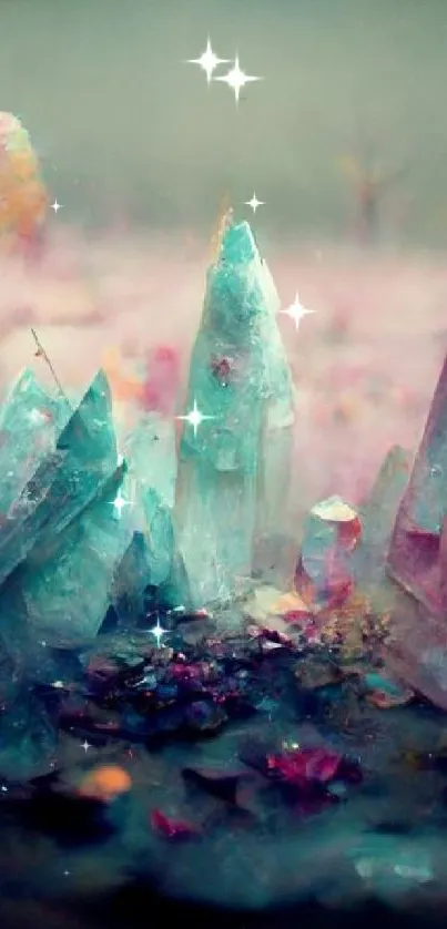 Mystical crystal landscape wallpaper with pink and blue hues.