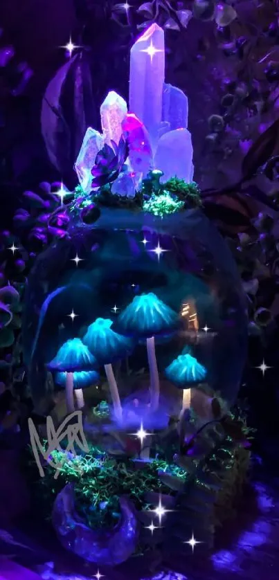 Mobile wallpaper with glowing mushrooms and crystals in a mystical purple scene.