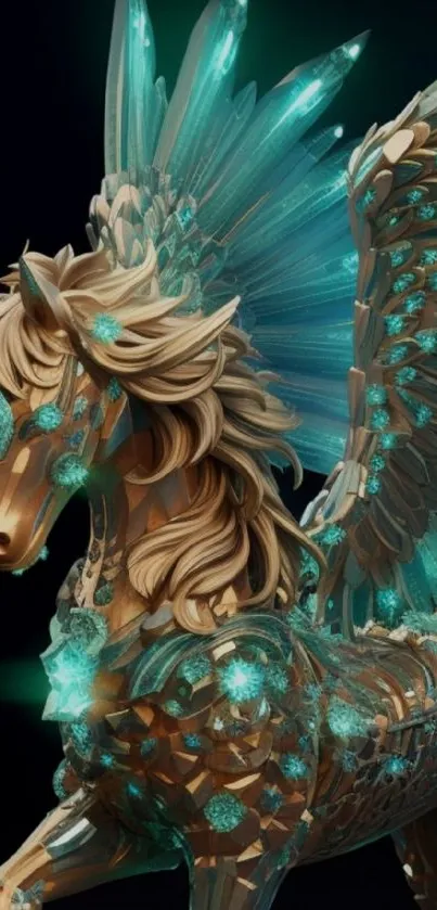 Mystical teal crystal Pegasus with elegant wings and glowing details.