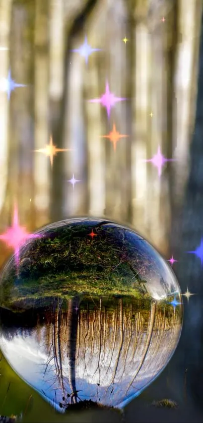 Crystal sphere with forest reflection and vibrant stars.