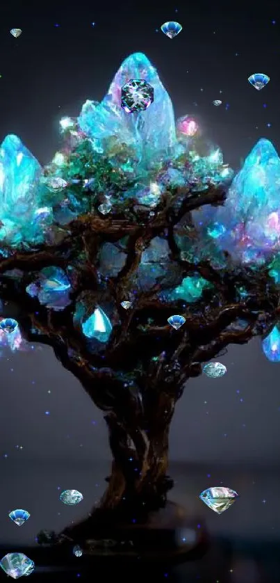 Mystical tree adorned with glowing crystal lights against a dark background.