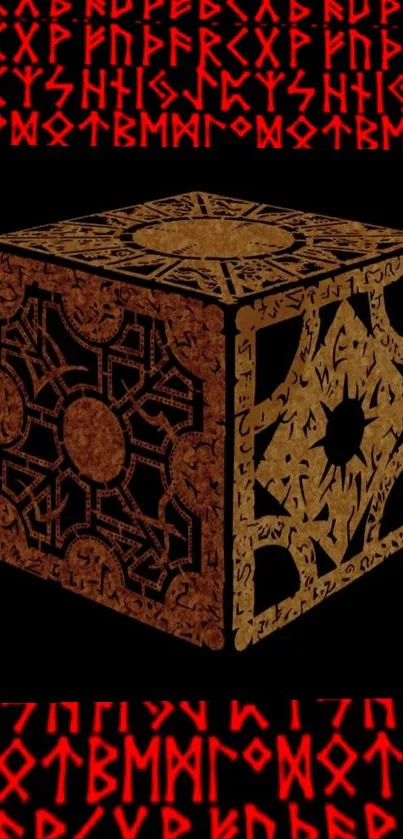 Golden cube with intricate rune design on black and red background wallpaper.