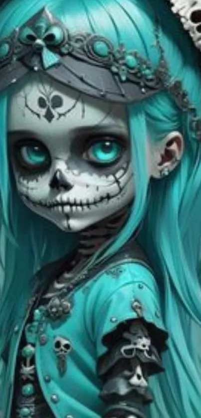 Anime style teal skeleton princess with skull elements and mystical aura.