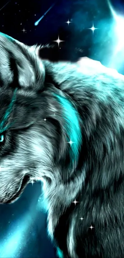 Mystical cyan wolf with cosmic background