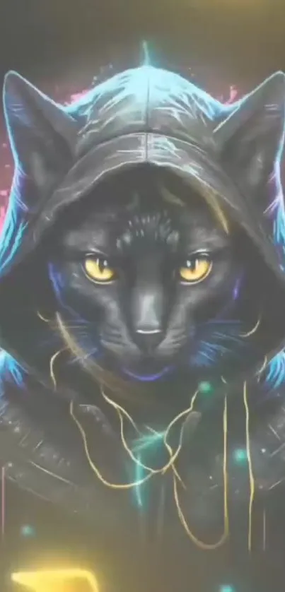 Mystical cyber cat in hooded cloak with neon lights.