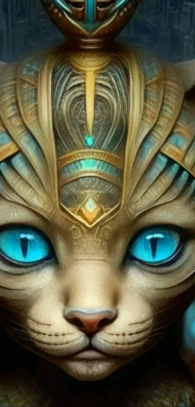 Futuristic cat wallpaper with blue eyes and gold details