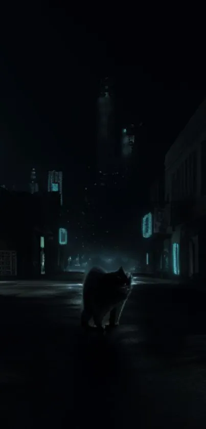 A mystical cyber city with a cat silhouette in a dark, atmospheric street scene.