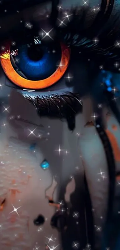 Close-up of a mystical cyber eye with vibrant orange and blue hues in digital art.