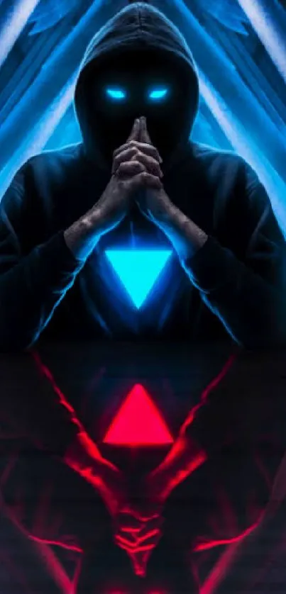 Hooded figure with neon blue and red reflection in a cyber-themed wallpaper.