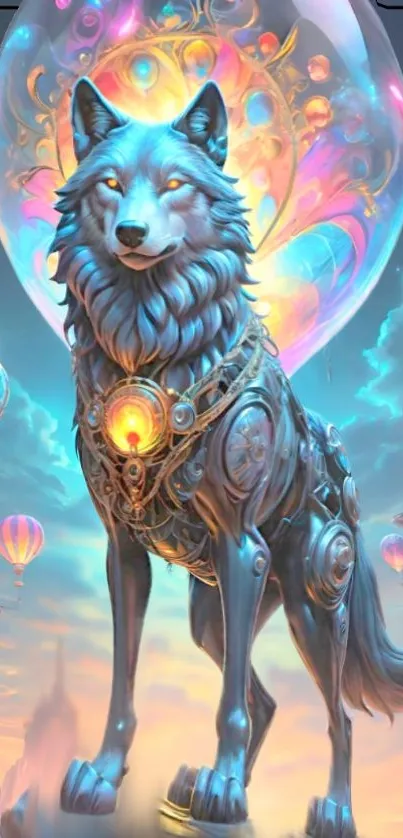 Cyber wolf with vibrant colors in fantasy setting.